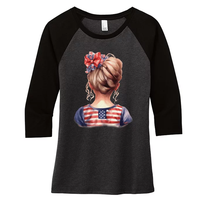 American Messy Bun Girl USA Flag Watercolor Flowers Women's Tri-Blend 3/4-Sleeve Raglan Shirt