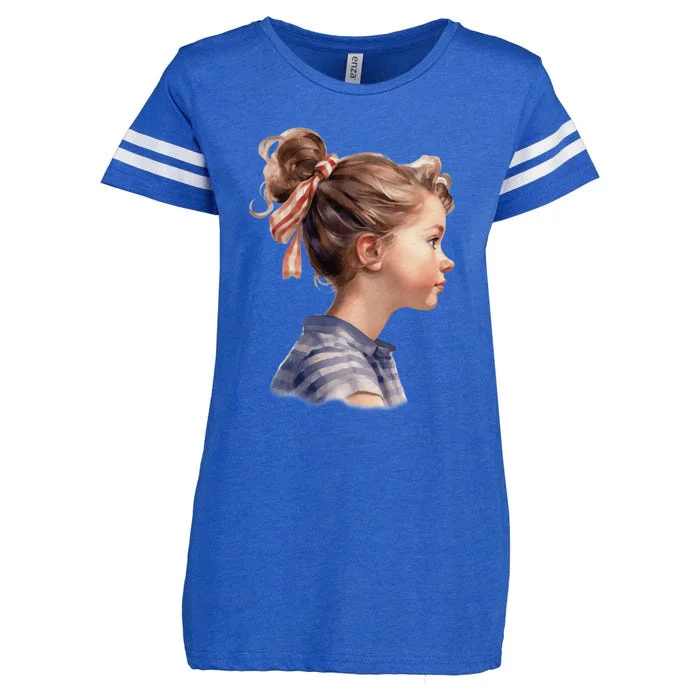 American Messy Bun Girl USA Flag Watercolor Enza Ladies Jersey Football T-Shirt