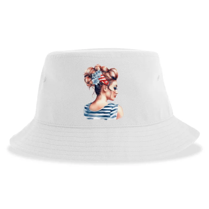 American Messy Bun Woman USA Flag Watercolor Flowers Sustainable Bucket Hat