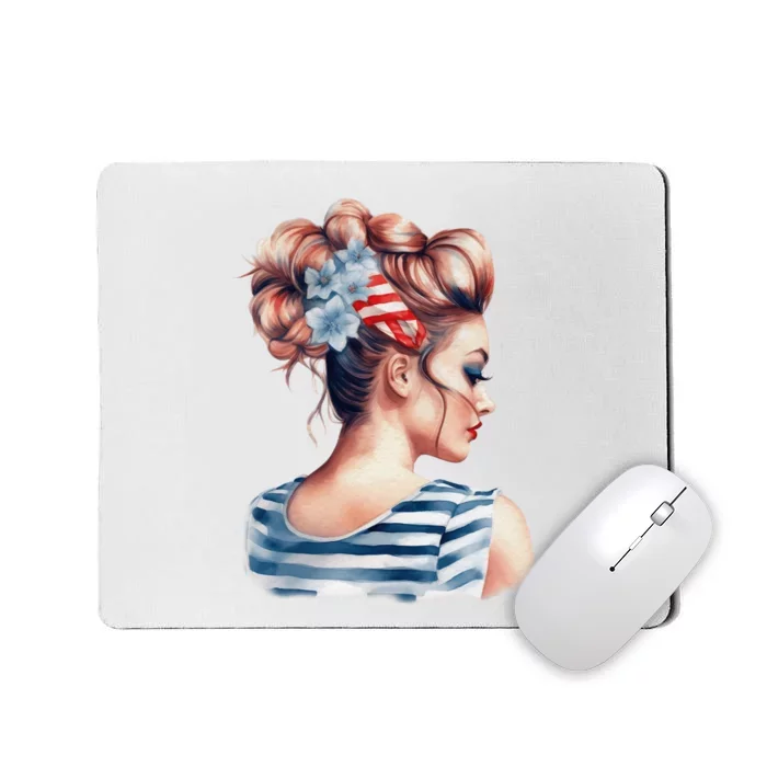 American Messy Bun Woman USA Flag Watercolor Flowers Mousepad