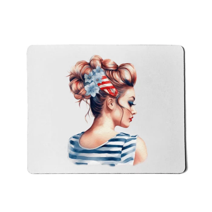 American Messy Bun Woman USA Flag Watercolor Flowers Mousepad