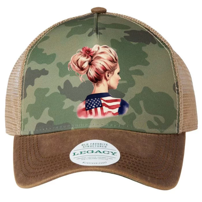 American Messy Bun Woman USA Flag Watercolor Flowers Legacy Tie Dye Trucker Hat