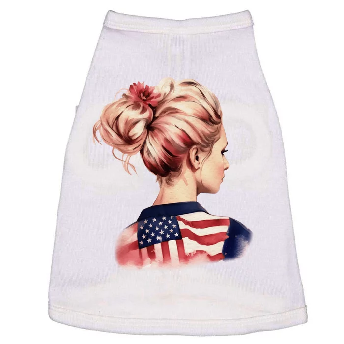 American Messy Bun Woman USA Flag Watercolor Flowers Doggie Tank