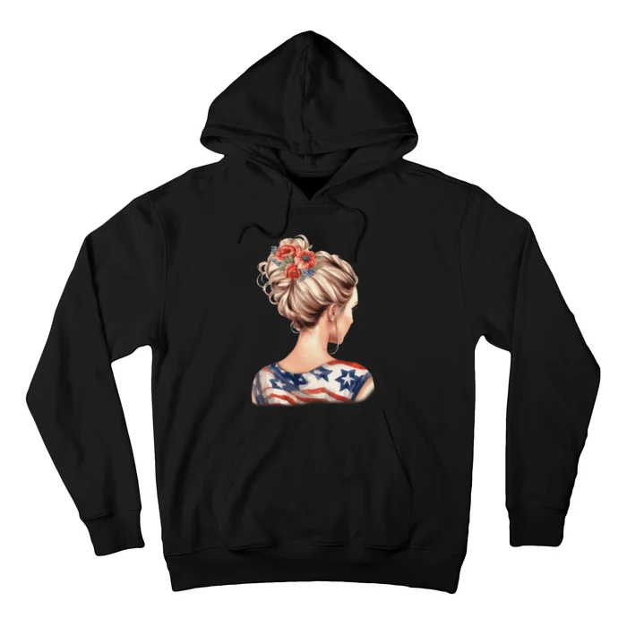 American Messy Bun Woman USA Flag Flowers Hair Hoodie