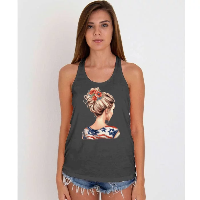 American Messy Bun Woman USA Flag Flowers Hair Women's Knotted Racerback Tank