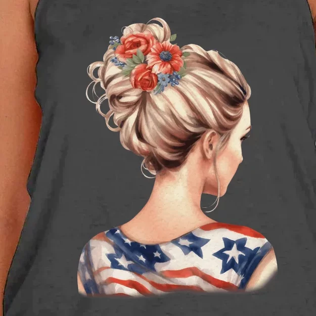 American Messy Bun Woman USA Flag Flowers Hair Women's Knotted Racerback Tank