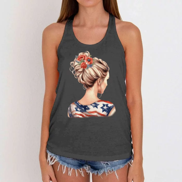 American Messy Bun Woman USA Flag Flowers Hair Women's Knotted Racerback Tank