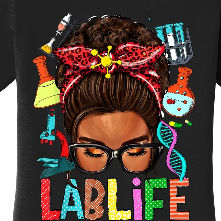 Afro Messy Bun Laboratory Life Lab Week 2024 Lab Technician Women's T-Shirt