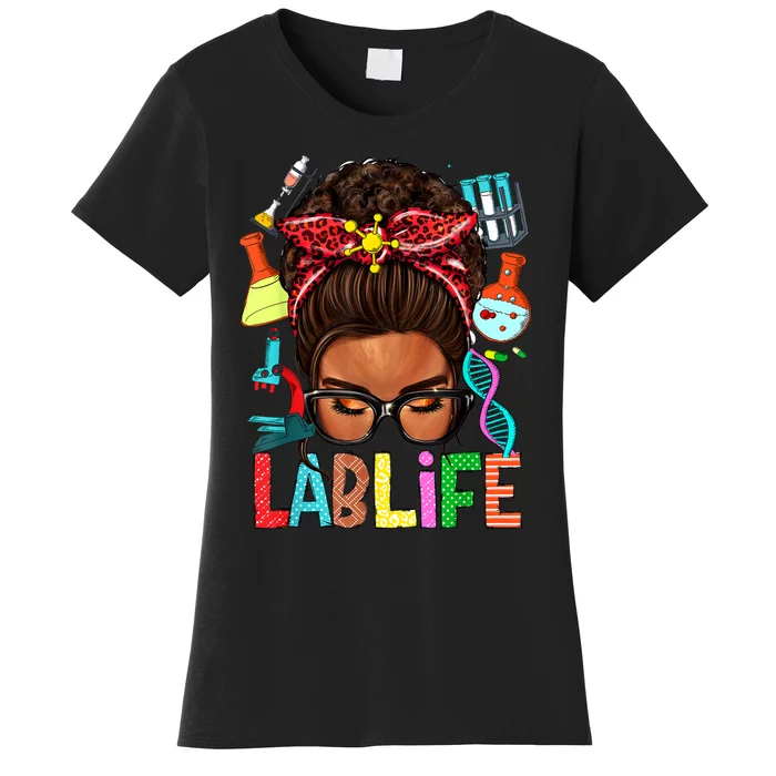 Afro Messy Bun Laboratory Life Lab Week 2024 Lab Technician Women's T-Shirt