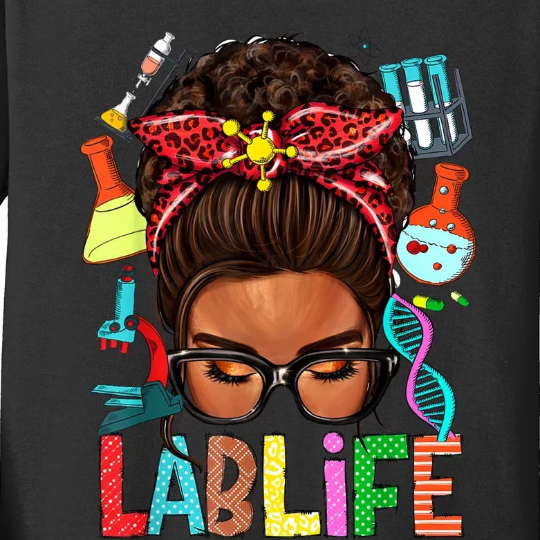 Afro Messy Bun Laboratory Life Lab Week 2024 Lab Technician Kids Long Sleeve Shirt