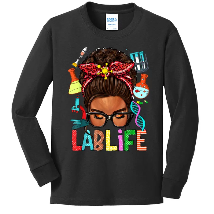 Afro Messy Bun Laboratory Life Lab Week 2024 Lab Technician Kids Long Sleeve Shirt