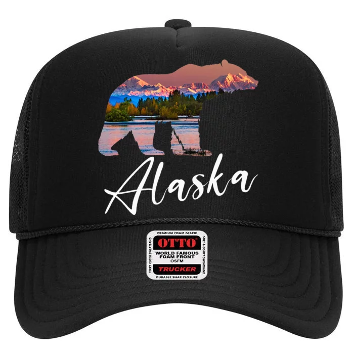 Alaskan Mountains Bear Grizzly Alaska State Souvenirs High Crown Mesh Trucker Hat