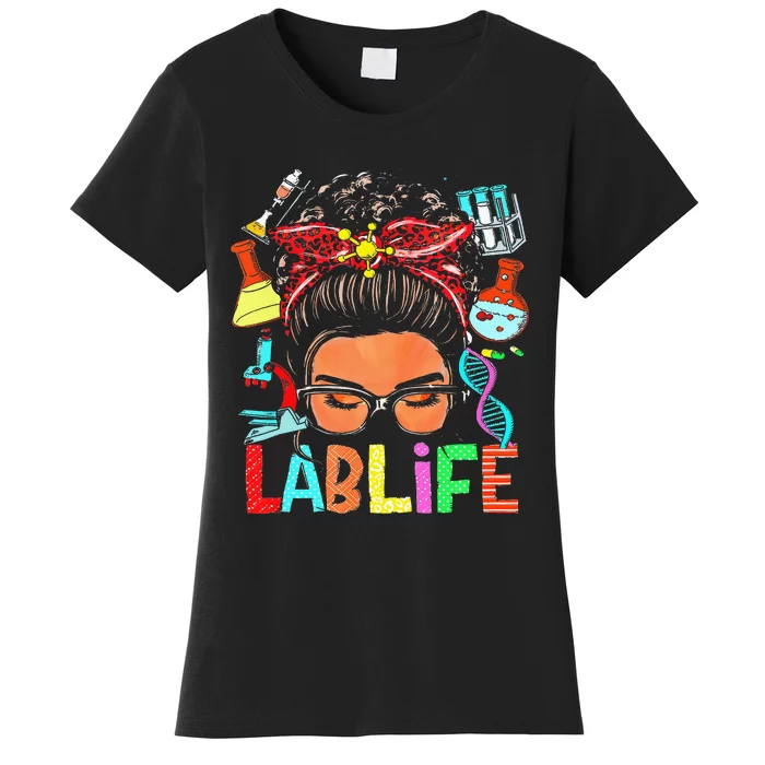 Afro Messy Bun Laboratory Life Lab Week 2024 Lab Technician Women's T-Shirt