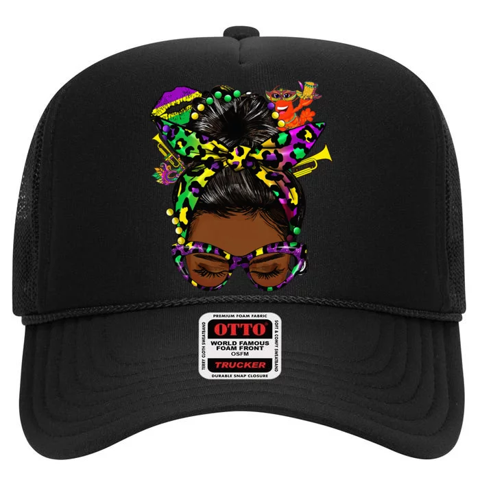 Afro Messy Bun Happy Mardi Gras Black Women Carnival High Crown Mesh Trucker Hat