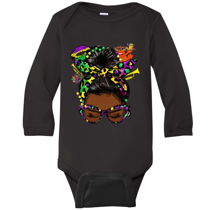 Afro Messy Bun Happy Mardi Gras Black Women Carnival Baby Long Sleeve Bodysuit