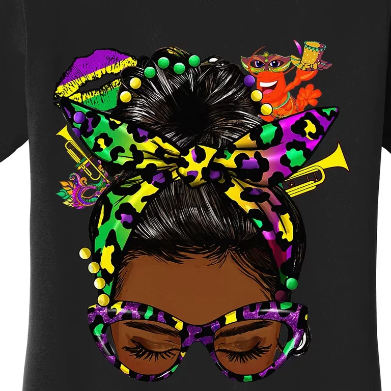 Afro Messy Bun Happy Mardi Gras Black Women Carnival Women's T-Shirt