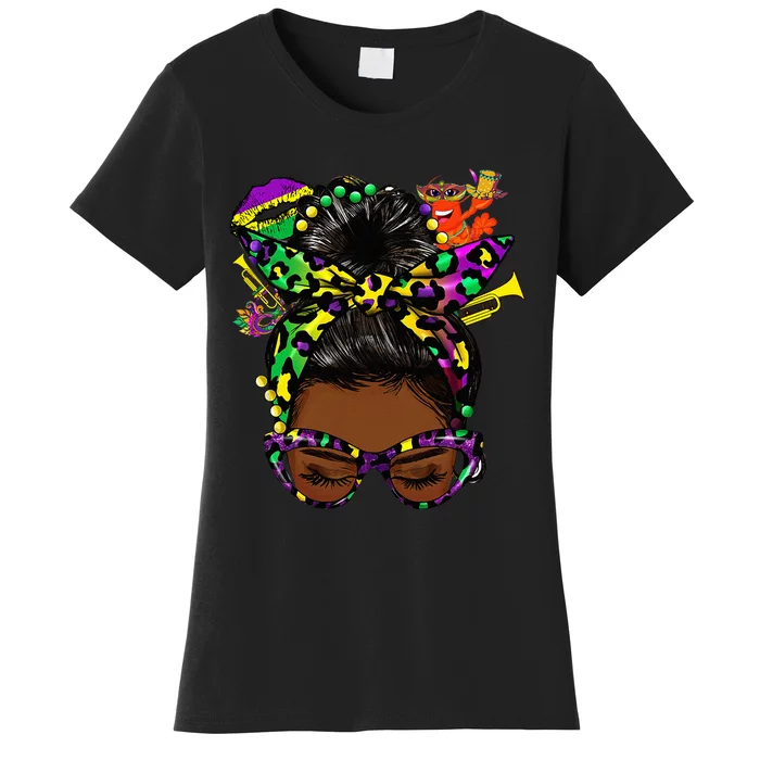 Afro Messy Bun Happy Mardi Gras Black Women Carnival Women's T-Shirt