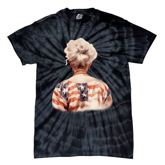 American Messy Bun Old Lady USA Flag Watercolor Tie-Dye T-Shirt