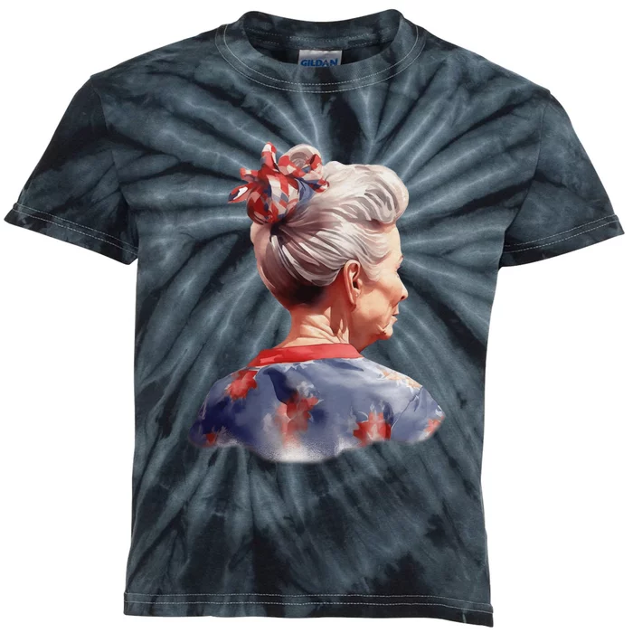 American Messy Bun Old Lady USA Flag Watercolor Kids Tie-Dye T-Shirt