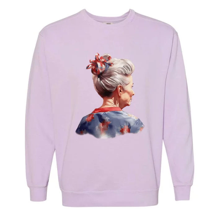 American Messy Bun Old Lady USA Flag Watercolor Garment-Dyed Sweatshirt