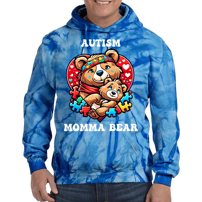 Autism Mama Bear Autism Awareness Mom Puzzle Gift Tie Dye Hoodie