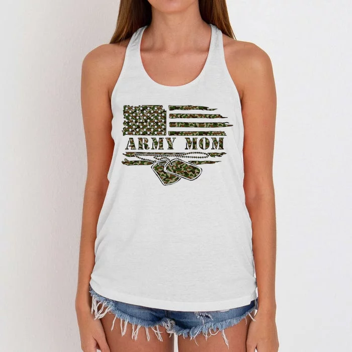 A.R.M.Y M.O.M Camo Us Flag Dog Tag Mothers Day Women's Knotted Racerback Tank