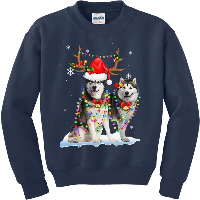 Alaskan Malamute Christmas Tree Lights Reindeer Xmas Pajama Kids Sweatshirt