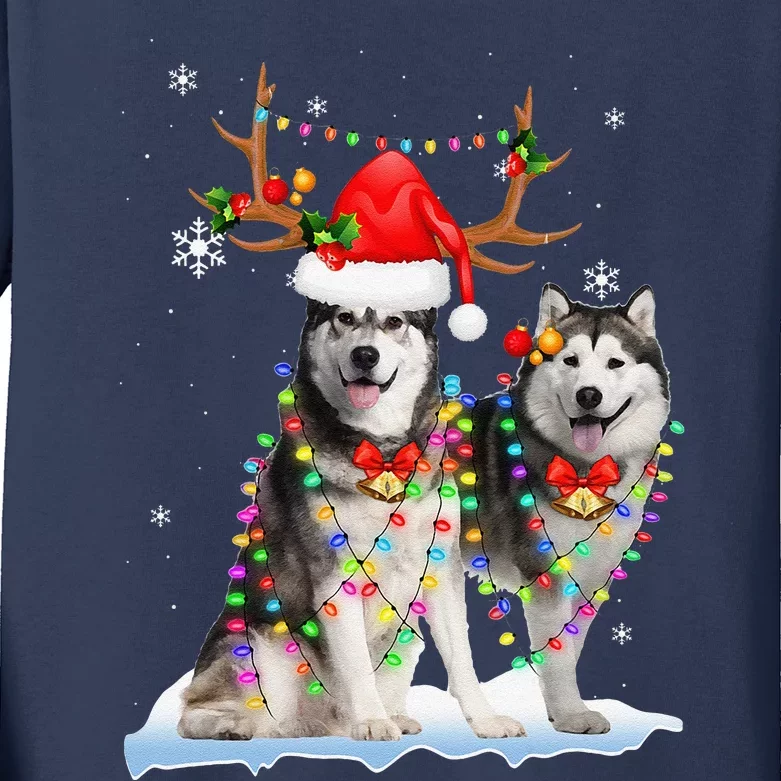 Alaskan Malamute Christmas Tree Lights Reindeer Xmas Pajama Kids Long Sleeve Shirt