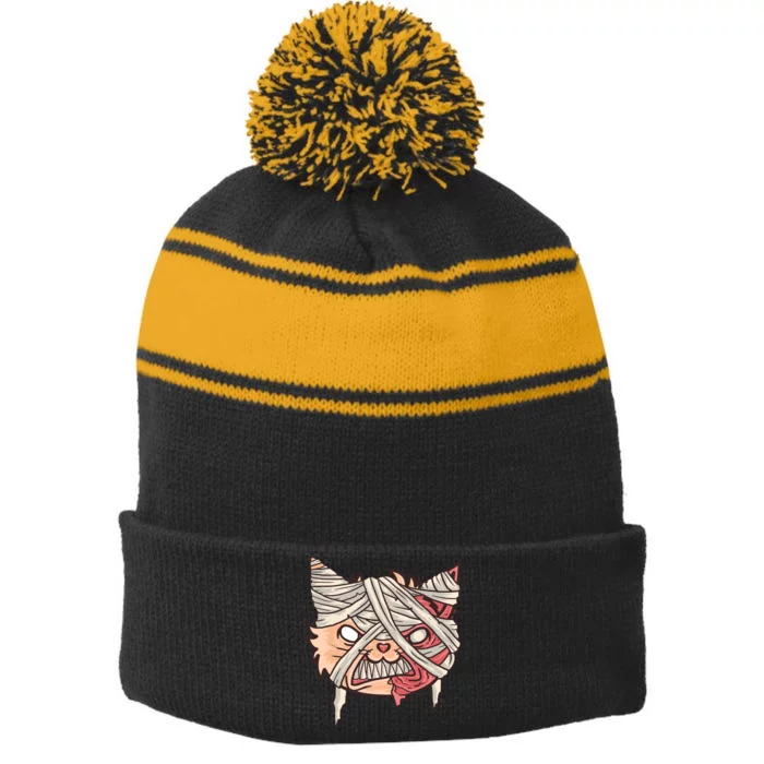 Angry Mummy Cat Stripe Pom Pom Beanie