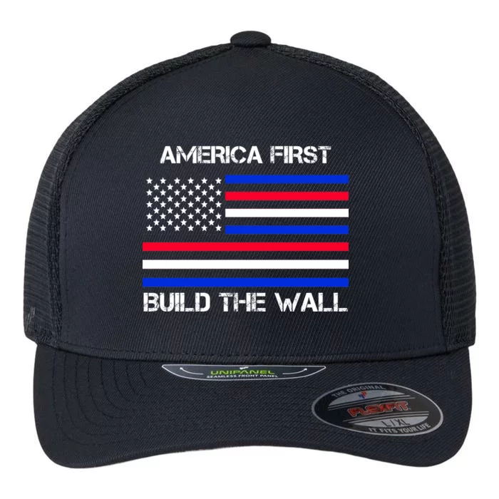 America First Build The Wall Flag Flexfit Unipanel Trucker Cap