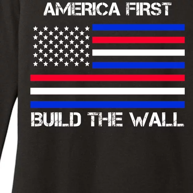 America First Build The Wall Flag Womens CVC Long Sleeve Shirt