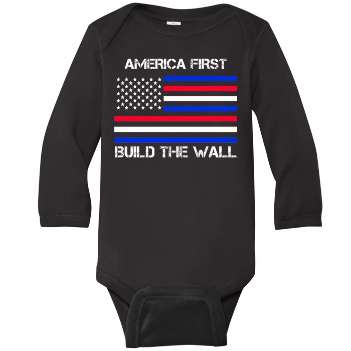 America First Build The Wall Flag Baby Long Sleeve Bodysuit