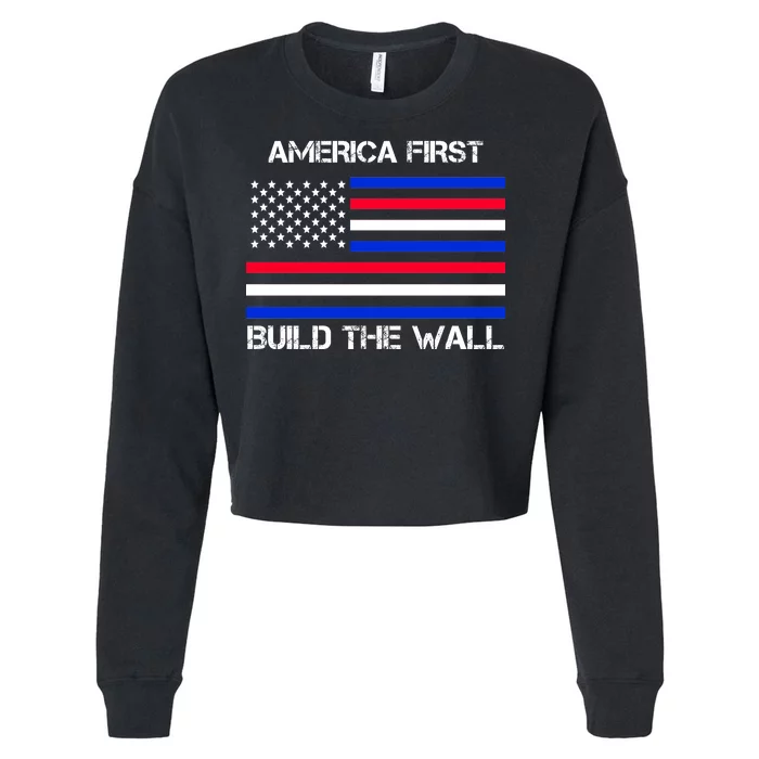 America First Build The Wall Flag Cropped Pullover Crew