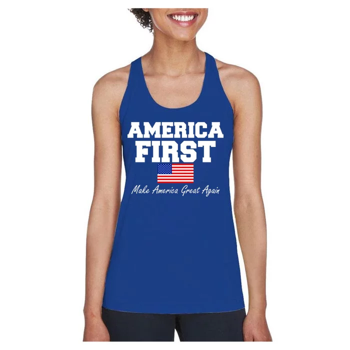 America First Make America Great Again Donald Trump USA Flag Women's Racerback Tank