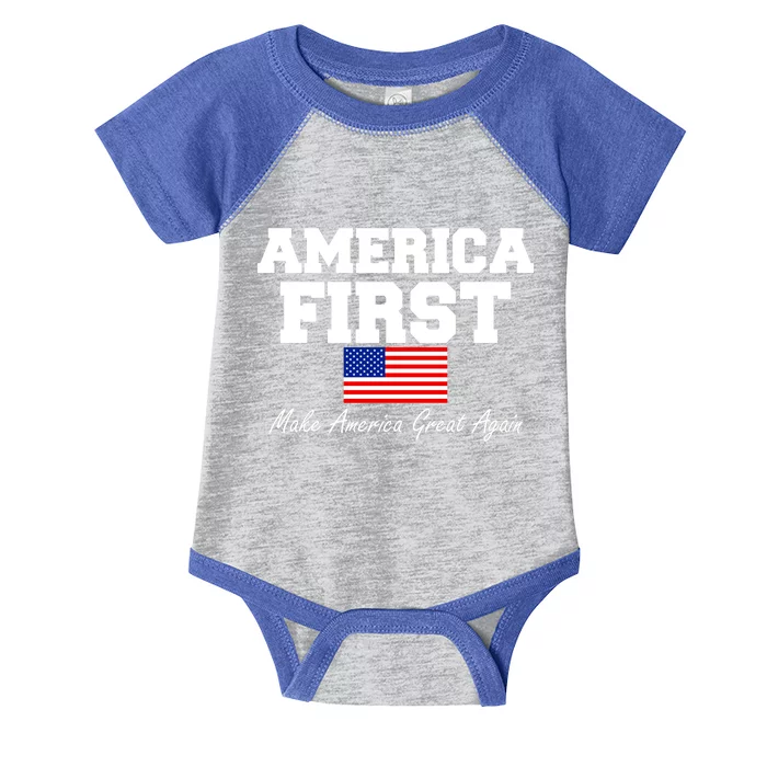 America First Make America Great Again Donald Trump USA Flag Infant Baby Jersey Bodysuit