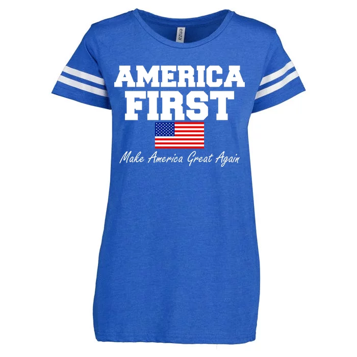 America First Make America Great Again Donald Trump USA Flag Enza Ladies Jersey Football T-Shirt