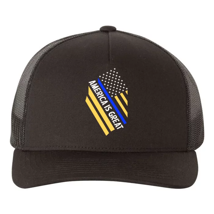 America Is Great Thin Blue Line Flag Yupoong Adult 5-Panel Trucker Hat