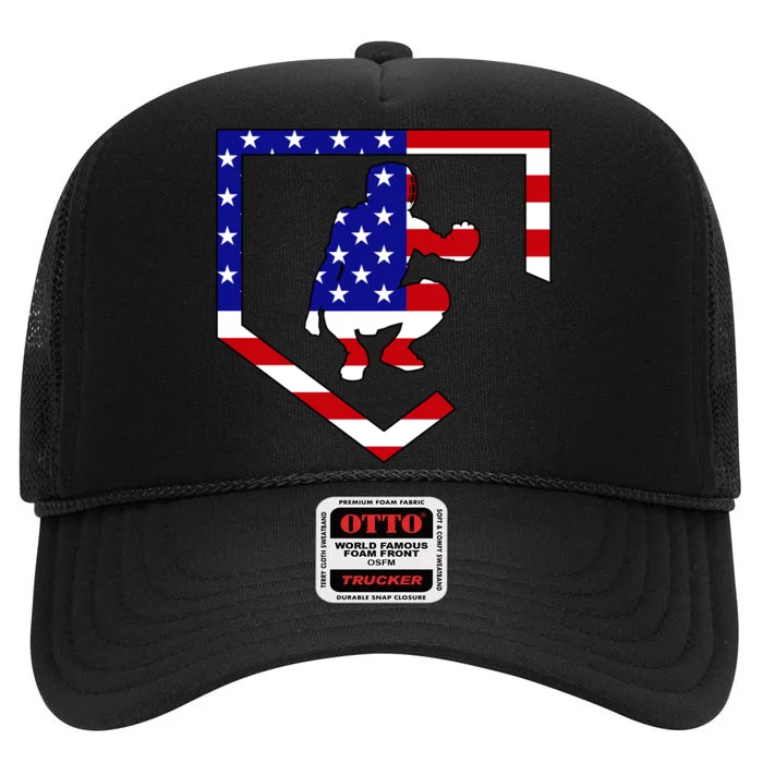 American Baseball Catcher Flag High Crown Mesh Trucker Hat