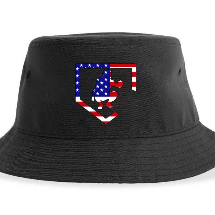 American Baseball Catcher Flag Sustainable Bucket Hat