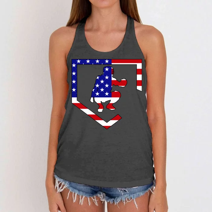 American Baseball Catcher Flag Women's Knotted Racerback Tank