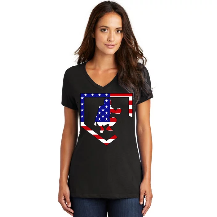 American Baseball Catcher Flag Women's V-Neck T-Shirt