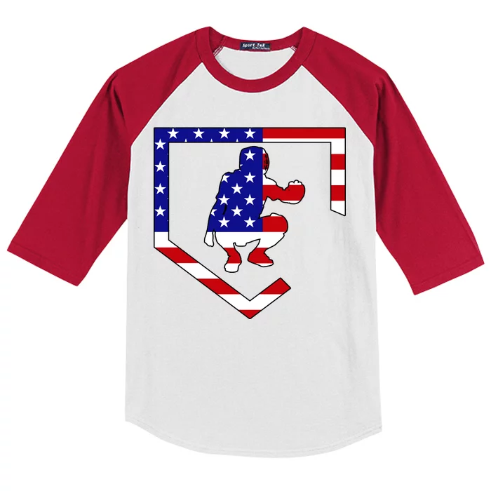 American Baseball Catcher Flag Kids Colorblock Raglan Jersey