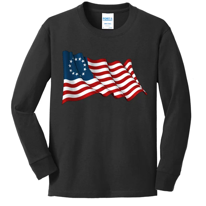 American Betsy Ross Waving Flag Kids Long Sleeve Shirt