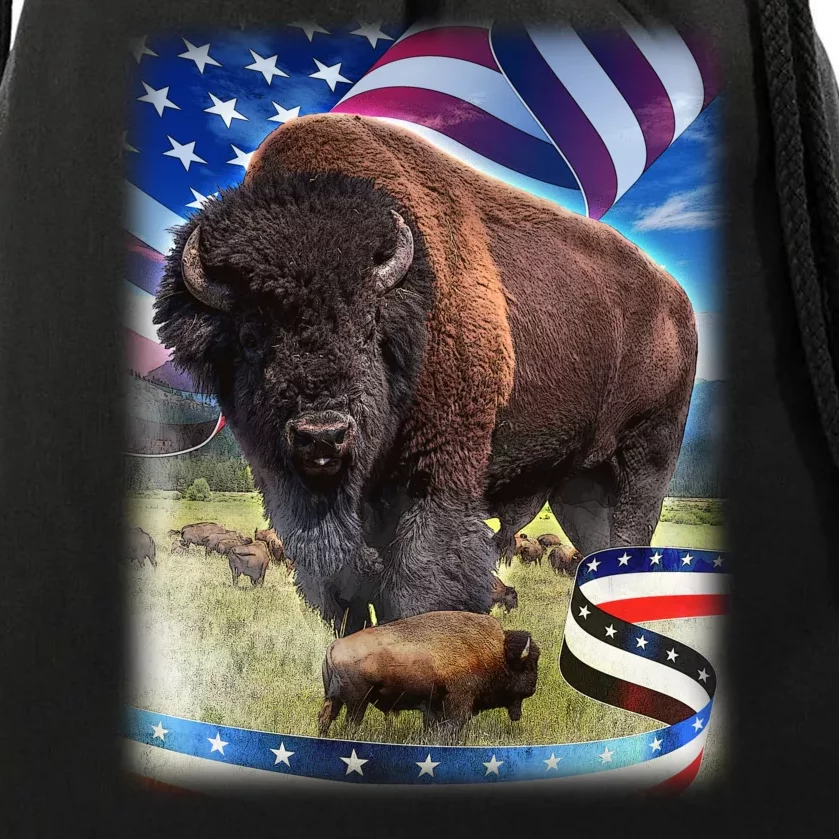 American Bison USA Flag Buffalo Drawstring Bag