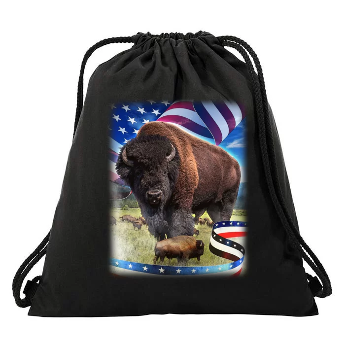 American Bison USA Flag Buffalo Drawstring Bag