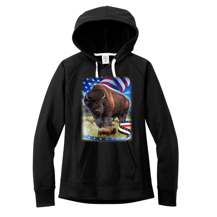 American Bison USA Flag Buffalo Women's Fleece Hoodie