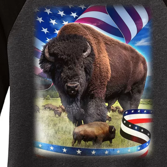 American Bison USA Flag Buffalo Women's Tri-Blend 3/4-Sleeve Raglan Shirt