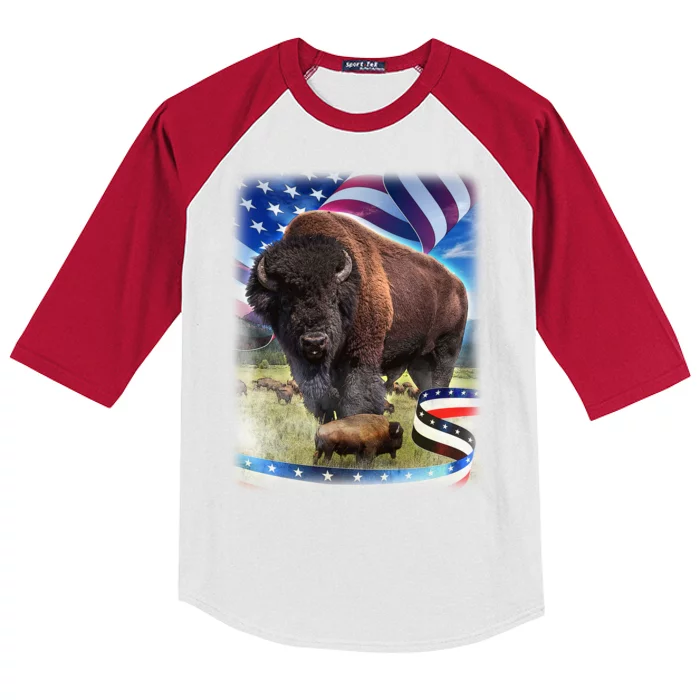 American Bison USA Flag Buffalo Kids Colorblock Raglan Jersey