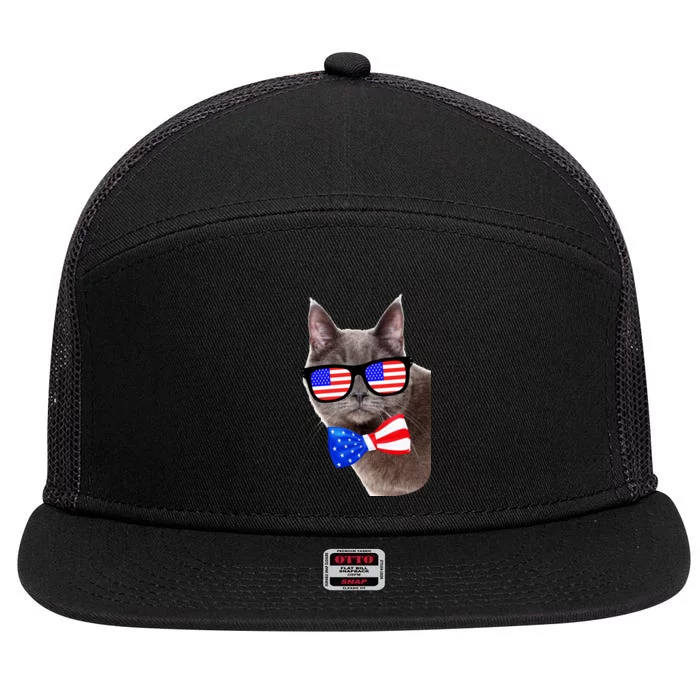 American Cat With USA Glasses And Bow Tie 7 Panel Mesh Trucker Snapback Hat