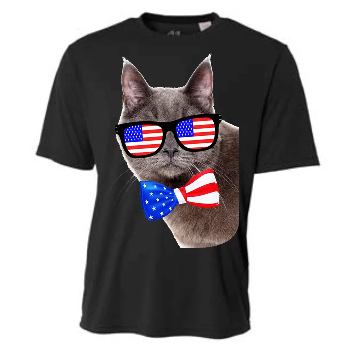 American Cat With USA Glasses And Bow Tie Cooling Performance Crew T-Shirt